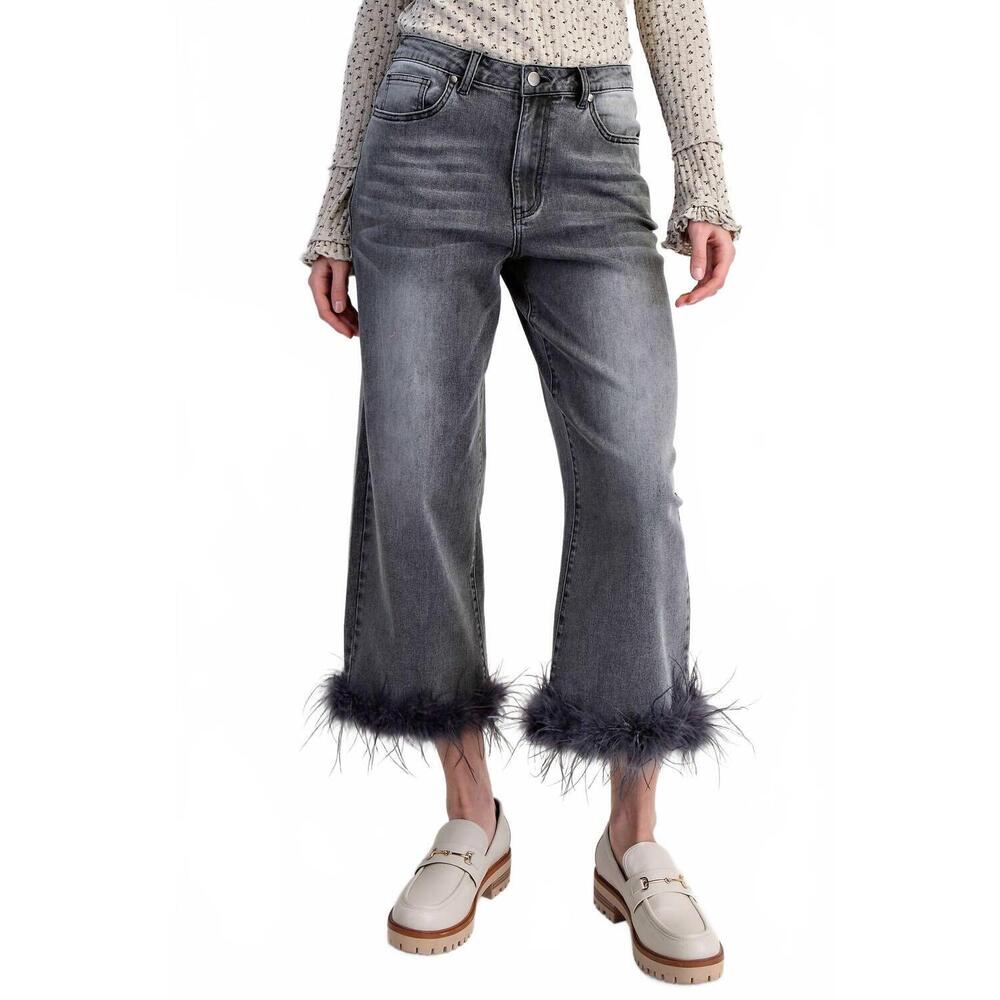NEW EASEL fur bottom hem stretch denim pants in black
